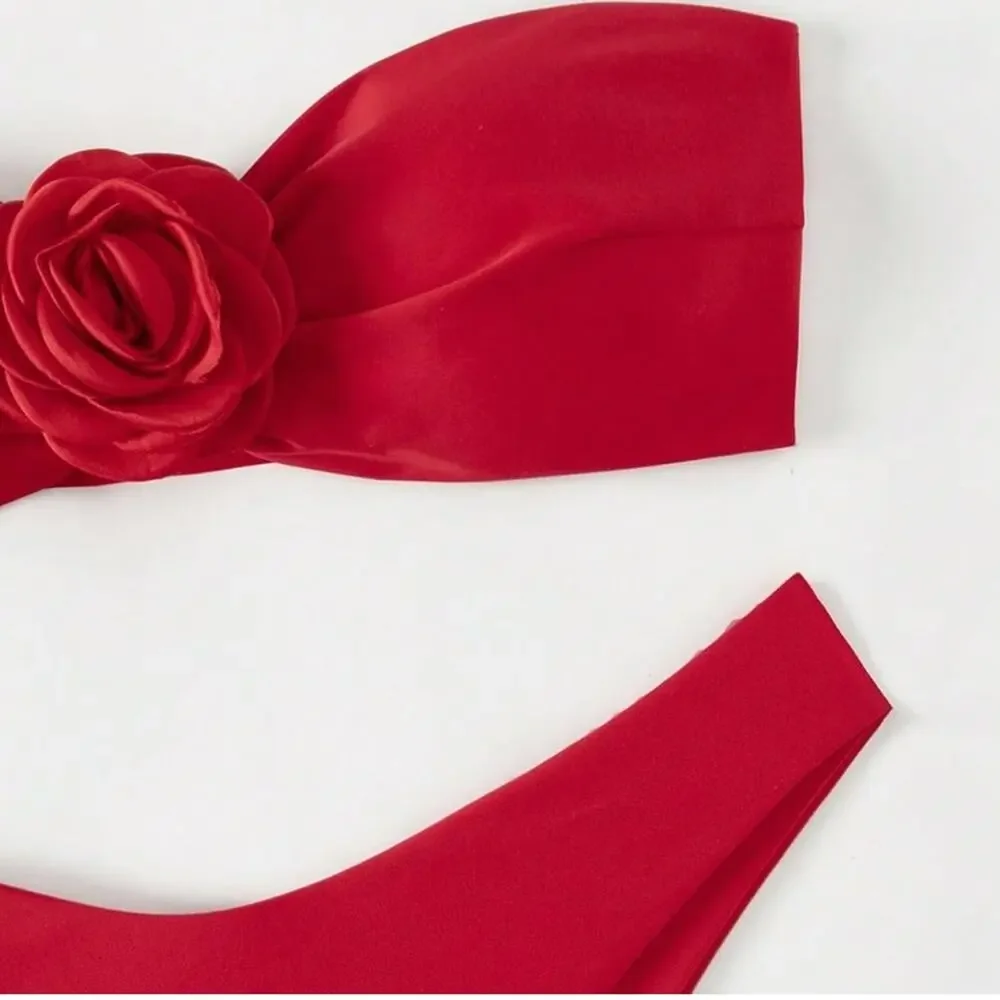 Oyoangle-Red Bandeau Flower Bikini Set-Med